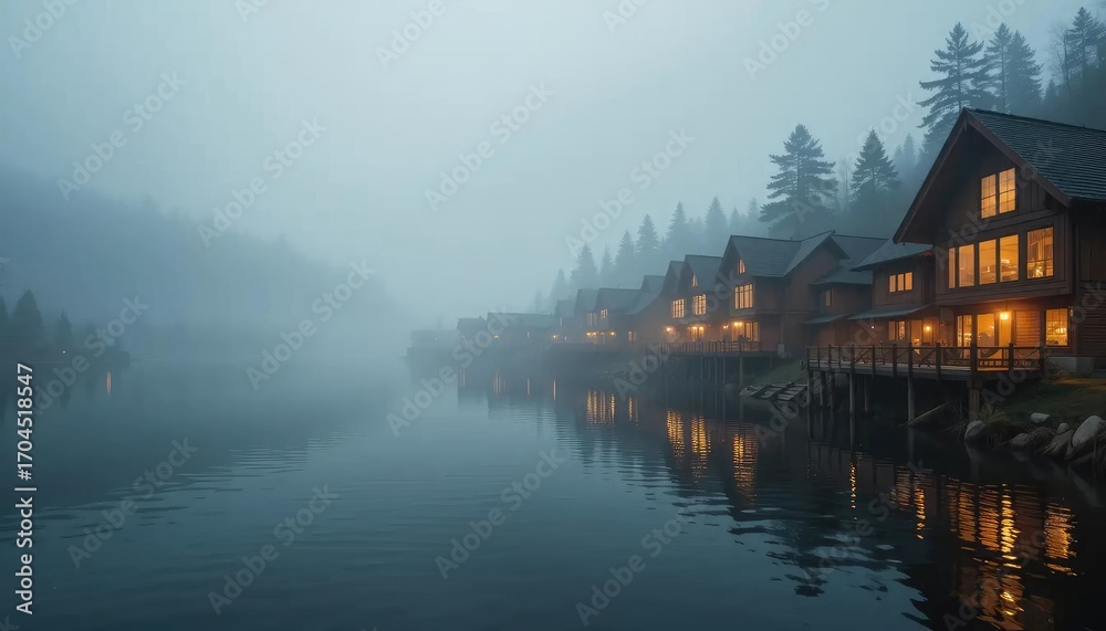 Fototapeta premium Misty lakefront cabins glow warmly in the evening fog, reflecting on the still water.