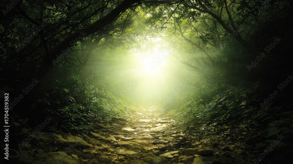 Fototapeta premium Serene forest path illuminated by soft sunlight filtering through dense foliage creates tranquil atmosphere. lush greenery and rocky terrain invite exploration and reflection