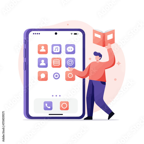A man holding a book stands next to a giant smartphone, symbolizing the concept of e-learning, digital libraries, and mobile education applications