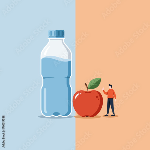 Hydration Choices Water Bottle and Apple with Figure in a Nutrition Decision