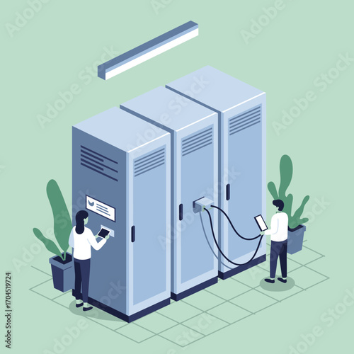 Isometric Illustration of a Server Room with Technicians Working on Data Processing and Network Infrastructure