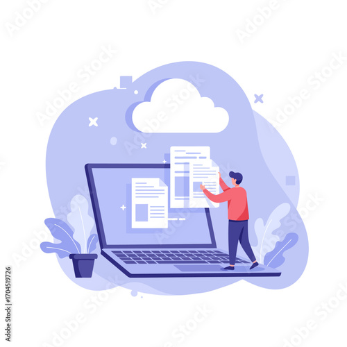 Concept of cloud computing and data management, a person uploading digital documents to an online server from a computer for backup and storage