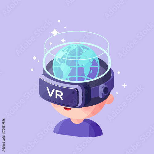 Person wearing a virtual reality headset with a globe inside, symbolizing global connectivity and immersive digital experiences