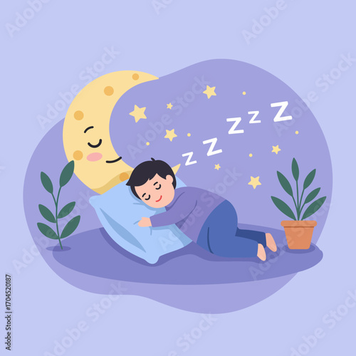 Sweet Dreams A Peaceful Illustration of a Sleeping Boy and the Moon