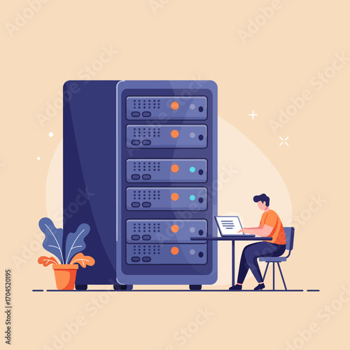 Dedicated IT Professional Managing and Optimizing Server Rack Infrastructure in a Digital Environment, Ensuring Seamless Data Operations and Network Reliability