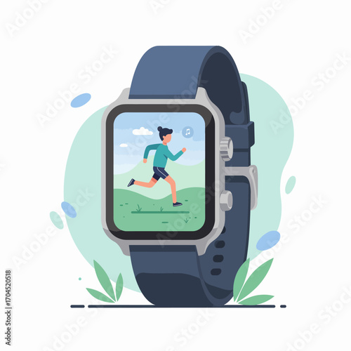 Dynamic illustration of a modern smartwatch featuring a person jogging, representing the intersection of personal fitness, innovative tech, and an active lifestyle