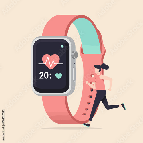 Concept of wearable technology for health and fitness, showing a woman jogging next to a smartwatch displaying a heartbeat icon