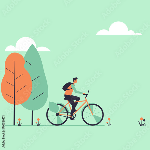 Man riding a bicycle through a park on a sunny day with trees and clouds in the background