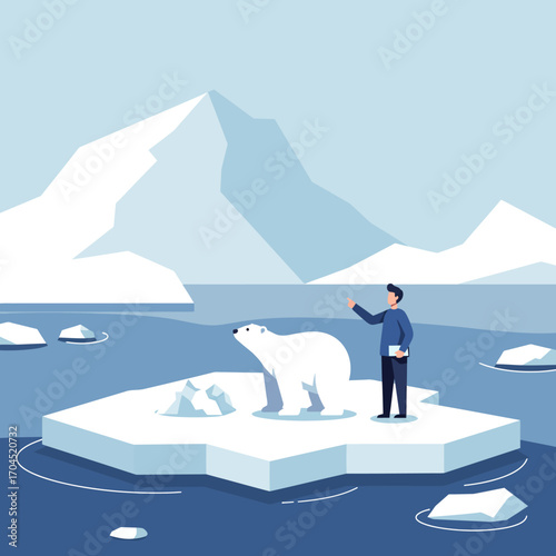 Polar bear and human on ice floe An illustration about climate change