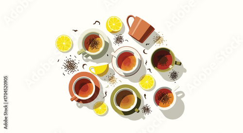 Diverse Tea Varieties, Cozy Cafe, Illustrative Art, Warm Environment, Overhead View, Flavor Exploration