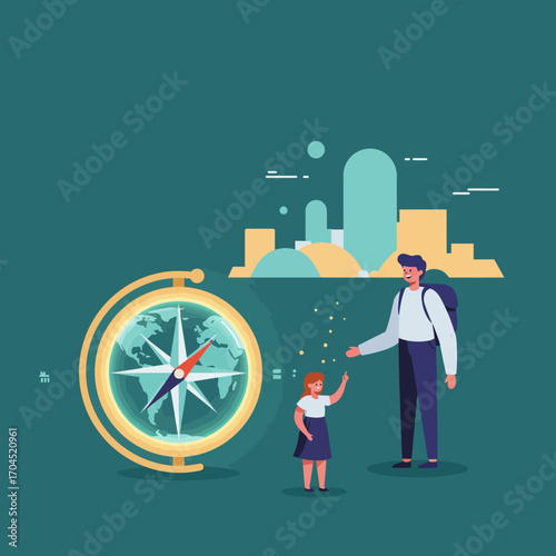 Father guiding his daughter on a journey of discovery, using a large world map compass with a city skyline in the background