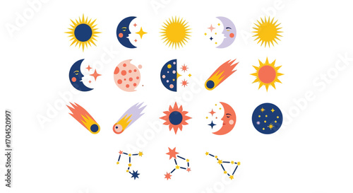 Sun, Moon, Stars, and Comets in a Whimsical Cosmic Design