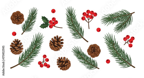 Winter Holiday Decor, Pinecones, Berries, Greenery Arrangement, Festive Celebration, Nature, Illustration