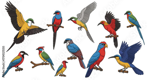 Colorful Birds in Flight, Tropical Paradise, Illustrative Art, Vibrant Environment, Nature, Wildlife Concept