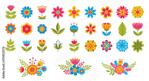 Colorful Floral Illustrations Featuring Various Flower Types, Nature Art, Vibrant Arrangement, Creative Design, Bright Colors