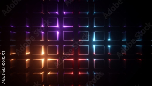 Abstract composition of glowing neon cubes on a dark background. 3d rendering illustration.