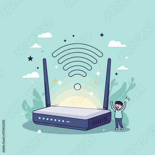 Happy person celebrates strong wireless internet signal from a home router