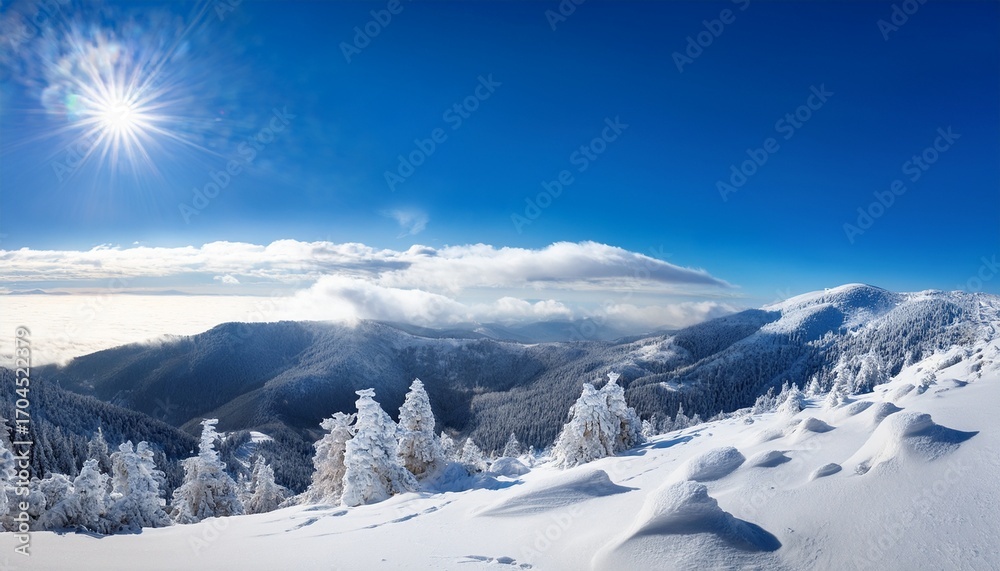 Obraz premium Bright Sunny Day Over Expansive Snow Covered Mountain Range With Frosted Trees And Clear Blue Sky With Scattered Clouds