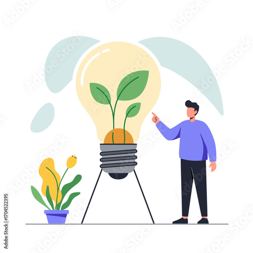 Businessman presenting an innovative eco-friendly idea with a plant growing inside a lightbulb, symbolizing green energy, sustainability, and business growth