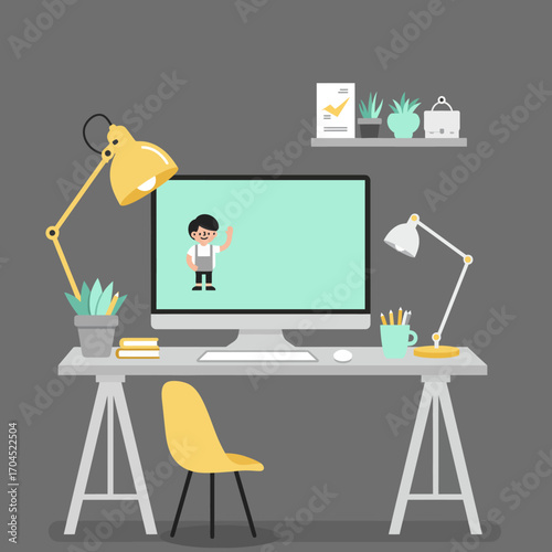 Illustrated creative workspace concept showing a desk with a computer, lamps, and a person on screen for remote work or an online meeting