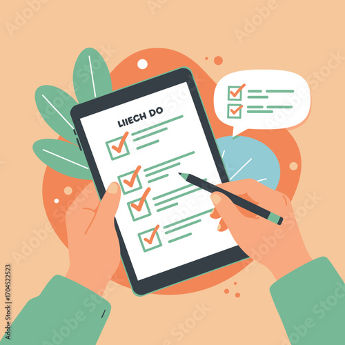 Illustration of a person holding a tablet and checking off tasks on a to-do list with a pen, symbolizing productivity and organization