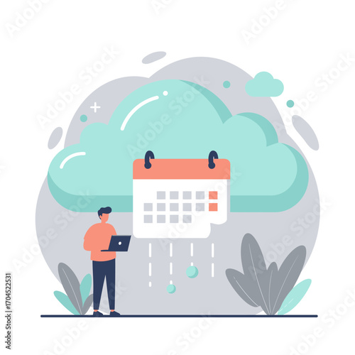 Cloud calendar concept A person working on a laptop with data synced from a cloud to a calendar