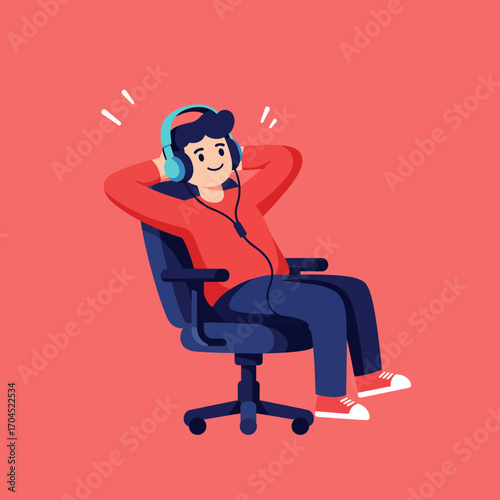 Happy young man relaxing in a chair and listening to music with headphones. Vector illustration of a person enjoying a podcast or favorite playlist for leisure and stress relief