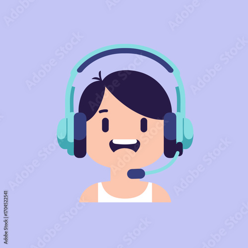 Cartoon character avatar of a call center agent or gamer with headphones and a microphone. Vector illustration of a person providing online customer support