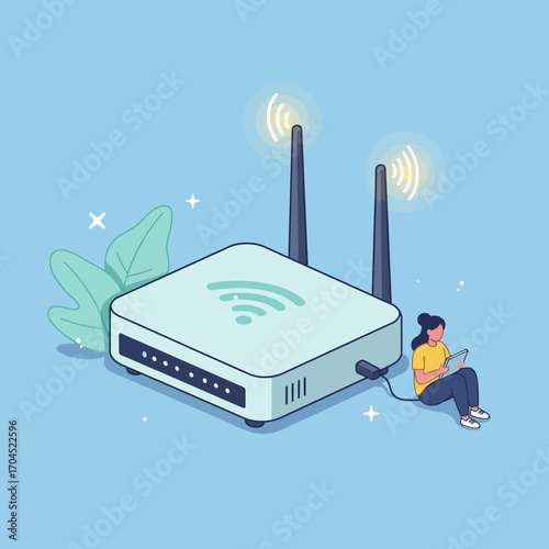 Wireless Router Setup with a Person Using a Tablet for Connectivity and Digital Information