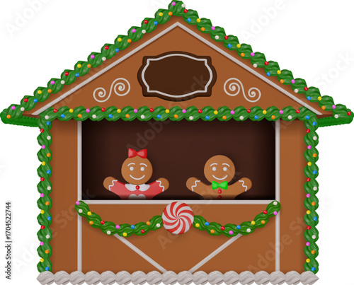 christmas gingerbread market stall with cookies and candies. gingerbread market stall with gingerbread man and woman