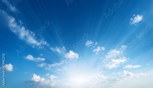Blue Sky Background With Tiny Clouds And Sunbeams