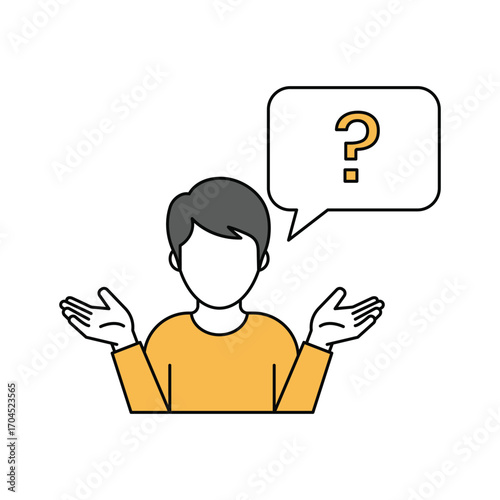 Confused young man with question mark in speech bubble shrugging shoulders expressing uncertainty and doubt flat design vector
