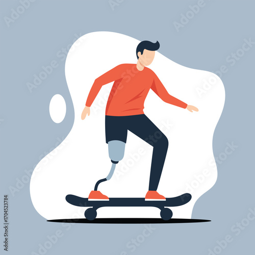 Young boy with bionic leg skateboarding with determination and joy on a blue gray background vector