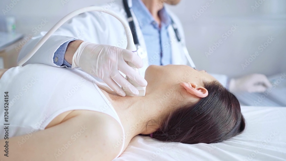 Obraz premium Doctor man is using ultrasound equipment on neck of female patient lying down for a medical examination. Medicine and science