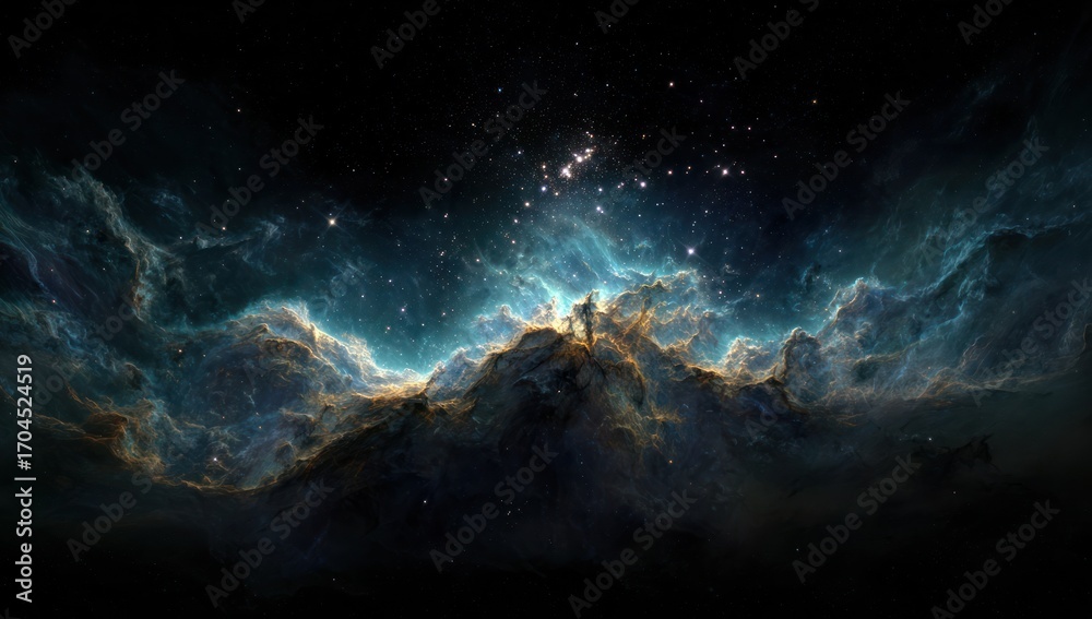 Fototapeta premium A breathtaking cosmic landscape unfolds, showcasing swirling nebulae in deep space, highlighted by brilliant star clusters and vibrant hues of blue and gold.