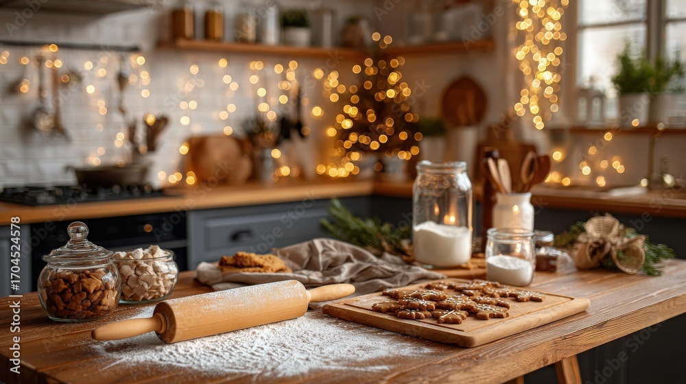 Kitchen table with baking supplies and decorated gingerbread cookies ...