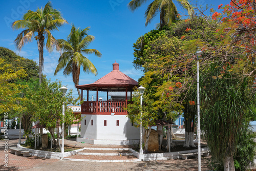 Flores, Guatemala - June 14, 2025: Monsignor Prospero Penados del Barrio Park on Flores Island, located in Lake Peten Itza, Guatemala.