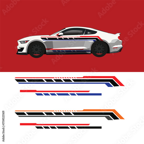 Sport car decal livery design with modern racing stripes in red, blue, black, and orange variations. Suitable for vehicle wrap, sticker, vinyl, and custom car graphics.