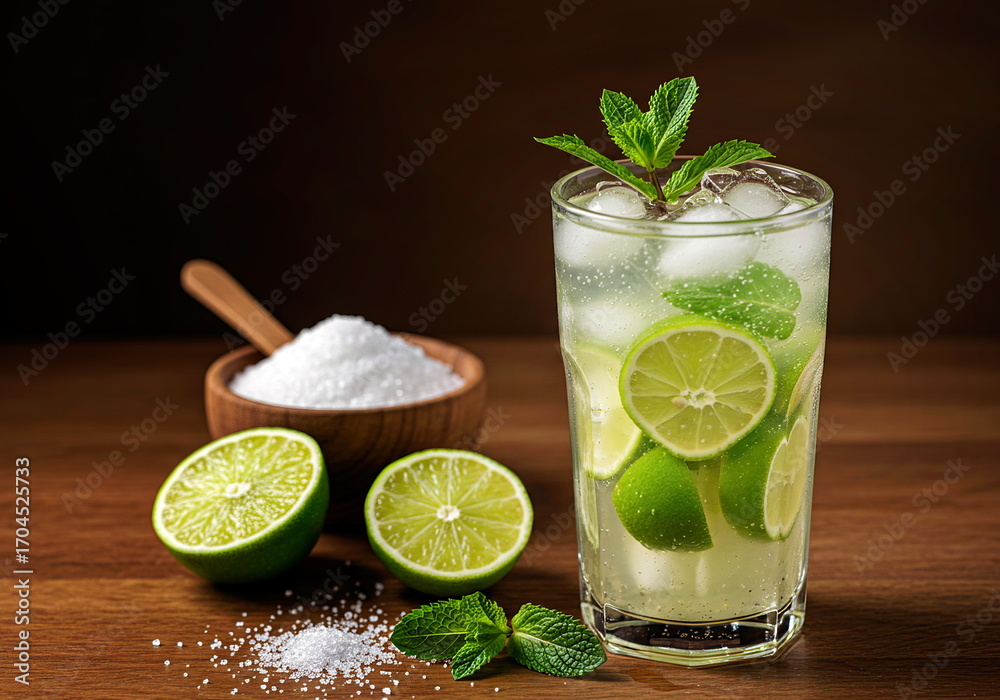 Fototapeta premium Caipirinha, a classic Brazilian drink made with brandy, crushed lemon, crystal sugar and ice.