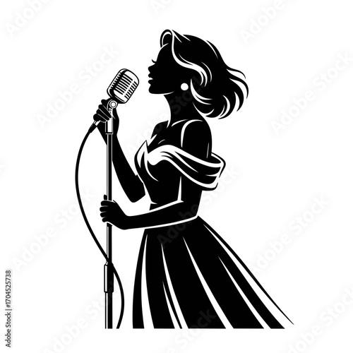Elegant female singer silhouette performing with vintage microphone