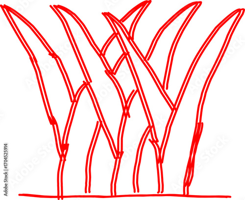 Red hand-drawn illustration of grass blades growing from the ground, symbolizing nature, lawn, eco concept, greenery, plants, environment, and natural growth.

