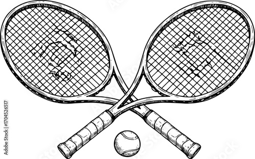 Tennis racket crossed sketch engraving black and white outline. Scratch board imitation. illustrated in vintage line art style on a white background.
