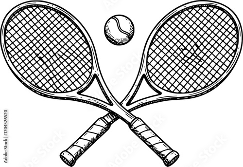 Tennis racket crossed sketch engraving black and white outline. Scratch board imitation. illustrated in vintage line art style on a white background.
