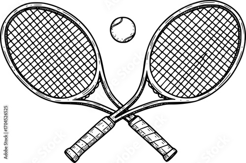 Tennis racket crossed sketch engraving black and white outline. Scratch board imitation. illustrated in vintage line art style on a white background.
