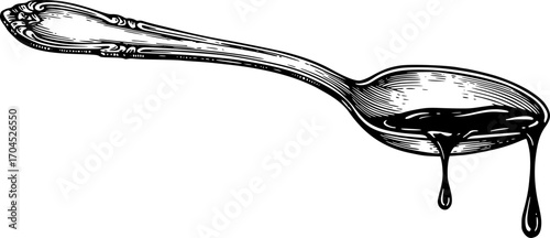 Antique engraved illustration from spoon with liquid drip ink sketch
