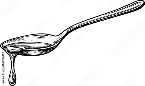 Antique engraved illustration from spoon with liquid drip ink sketch
