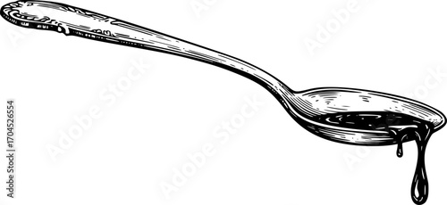 Antique engraved illustration from spoon with liquid drip ink sketch
