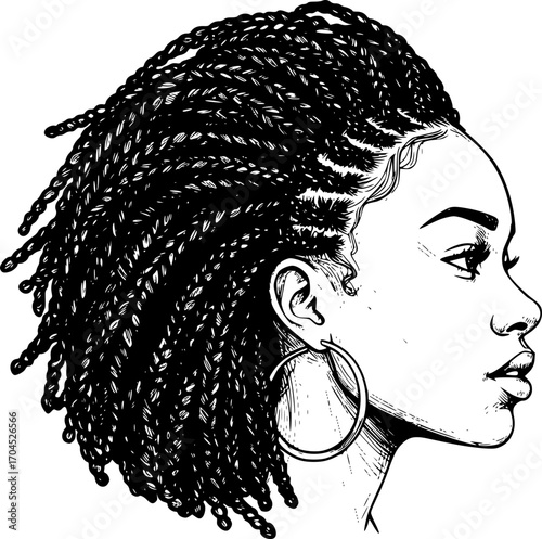 African American woman with braided hair Black and white engraved ink art, isolated on white background.
