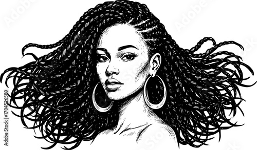 African American woman with braided hair Black and white engraved ink art, isolated on white background.
