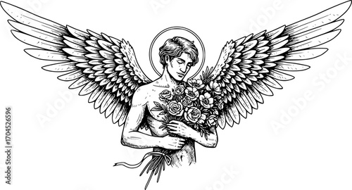 Intricate engraved illustration of Man wear wing with halo holding bouquet flower Vector Black and White Illustration
